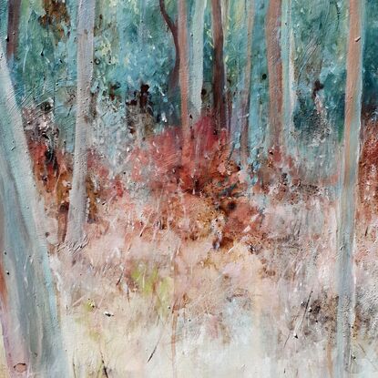 Textural, soft abstract impressionist landscape of eucalypt forest in beige, blush pink and grey blue, by Australian artist Victoria Collins. 