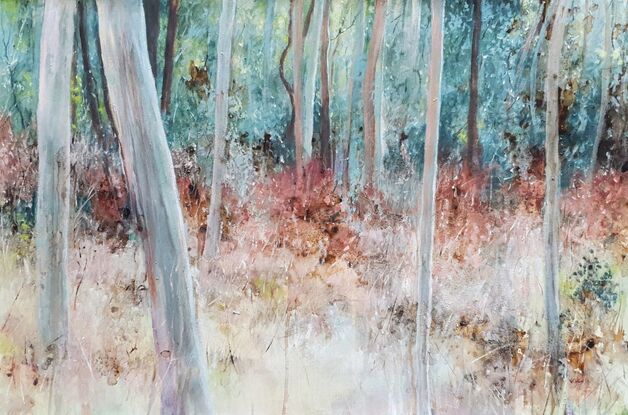 Textural, soft abstract impressionist landscape of eucalypt forest in beige, blush pink and grey blue, by Australian artist Victoria Collins. 