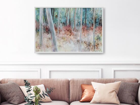 Textural, soft abstract impressionist landscape of eucalypt forest in beige, blush pink and grey blue, by Australian artist Victoria Collins. 