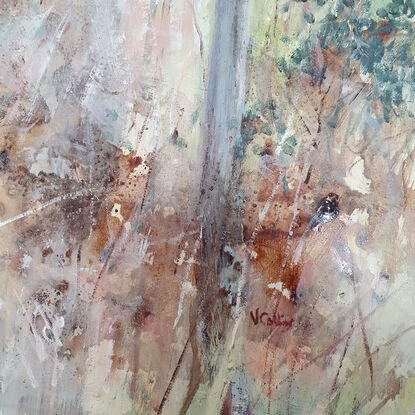 Textural, soft abstract impressionist landscape of eucalypt forest in beige, blush pink and grey blue, by Australian artist Victoria Collins. 