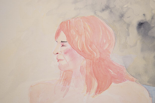 Watercolour figurative portrait with cool and expressive colour palette. 