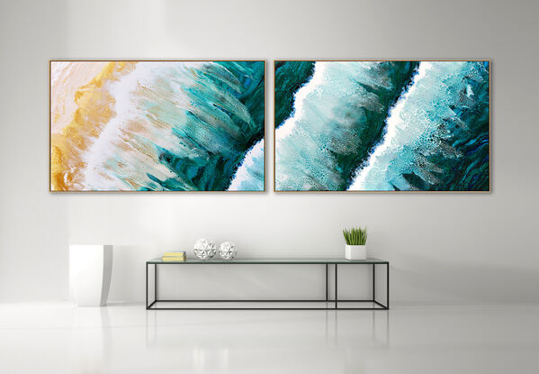 ABSTRACT painting that gives the impression of soothing ocean waves lapping in to soft sandy beach with long slow easy waves creating crests of white..  The intricate mosaic pattern within the tonal blue hues and tones of teal and the glimmering metallics adds added interest and intrigue.
The closer you get to the painting the more of the interesting details and patterns you can see. Metallics add an extra depth because the painting changes personality when one views from different angles.
although it is an impressionistic abstract, it still has a sense of motion of waves moving and frothing white! this is a diptych which is two paintings linked by a common pattern - in this case the crest of a wave.  The linear feel of the painting gives a very relaxed feeling which belies the motion that the waves create!