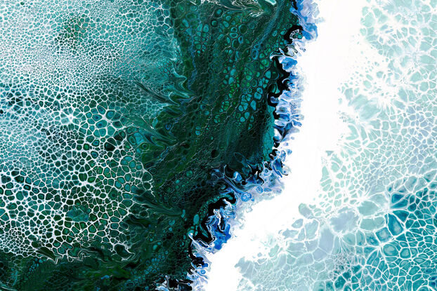 ABSTRACT painting that gives the impression of soothing ocean waves lapping in to soft sandy beach with long slow easy waves creating crests of white..  The intricate mosaic pattern within the tonal blue hues and tones of teal and the glimmering metallics adds added interest and intrigue.
The closer you get to the painting the more of the interesting details and patterns you can see. Metallics add an extra depth because the painting changes personality when one views from different angles.
although it is an impressionistic abstract, it still has a sense of motion of waves moving and frothing white! this is a diptych which is two paintings linked by a common pattern - in this case the crest of a wave.  The linear feel of the painting gives a very relaxed feeling which belies the motion that the waves create!