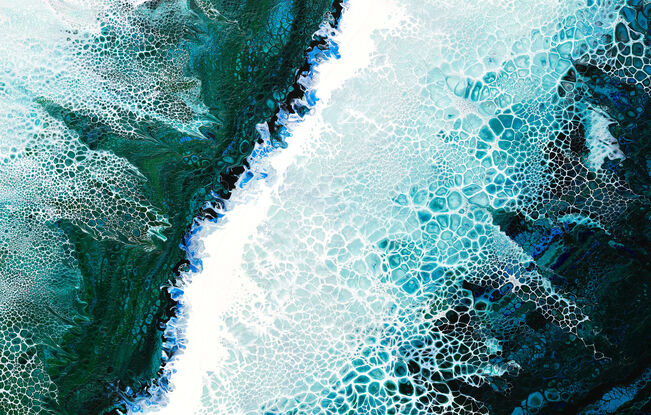 ABSTRACT painting that gives the impression of soothing ocean waves lapping in to soft sandy beach with long slow easy waves creating crests of white..  The intricate mosaic pattern within the tonal blue hues and tones of teal and the glimmering metallics adds added interest and intrigue.
The closer you get to the painting the more of the interesting details and patterns you can see. Metallics add an extra depth because the painting changes personality when one views from different angles.
although it is an impressionistic abstract, it still has a sense of motion of waves moving and frothing white! this is a diptych which is two paintings linked by a common pattern - in this case the crest of a wave.  The linear feel of the painting gives a very relaxed feeling which belies the motion that the waves create!