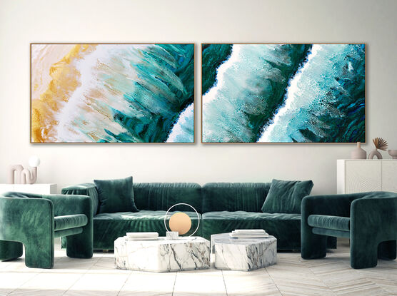 ABSTRACT painting that gives the impression of soothing ocean waves lapping in to soft sandy beach with long slow easy waves creating crests of white..  The intricate mosaic pattern within the tonal blue hues and tones of teal and the glimmering metallics adds added interest and intrigue.
The closer you get to the painting the more of the interesting details and patterns you can see. Metallics add an extra depth because the painting changes personality when one views from different angles.
although it is an impressionistic abstract, it still has a sense of motion of waves moving and frothing white! this is a diptych which is two paintings linked by a common pattern - in this case the crest of a wave.  The linear feel of the painting gives a very relaxed feeling which belies the motion that the waves create!