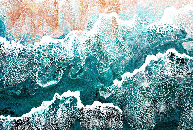 ABSTRACT painting that gives the impression of soothing ocean waves lapping in to soft sandy beach with slow easy waves creating crests of white..  The intricate mosaic pattern within the tonal green hues and tones of teal and aquamarine and the glimmering metallics adds added interest and intrigue.
The closer you get to the painting the more of the interesting details and patterns you can see. Metallics add an extra depth because the painting changes personality when one views from different angles.
although it is an impressionistic abstract, it still has a sense of motion of waves moving and frothing white!