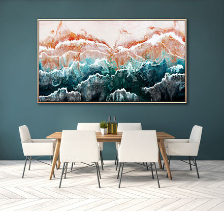 ABSTRACT painting that gives the impression of soothing ocean waves lapping in to soft sandy beach with slow easy waves creating crests of white..  The intricate mosaic pattern within the tonal green hues and tones of teal and aquamarine and the glimmering metallics adds added interest and intrigue.
The closer you get to the painting the more of the interesting details and patterns you can see. Metallics add an extra depth because the painting changes personality when one views from different angles.
although it is an impressionistic abstract, it still has a sense of motion of waves moving and frothing white!