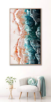 ABSTRACT painting that gives the impression of soothing ocean waves lapping in to soft sandy beach with slow easy waves creating crests of white..  The intricate mosaic pattern within the tonal green hues and tones of teal and aquamarine and the glimmering metallics adds added interest and intrigue.
The closer you get to the painting the more of the interesting details and patterns you can see. Metallics add an extra depth because the painting changes personality when one views from different angles.
although it is an impressionistic abstract, it still has a sense of motion of waves moving and frothing white!