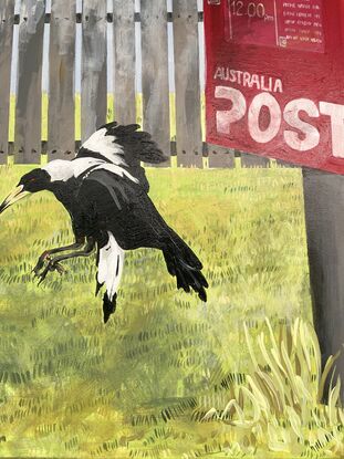 Magpies flying around mailbox