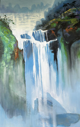 A vertical mainly blue painting depicting a burst dam. 