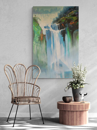 A vertical mainly blue painting depicting a burst dam. 