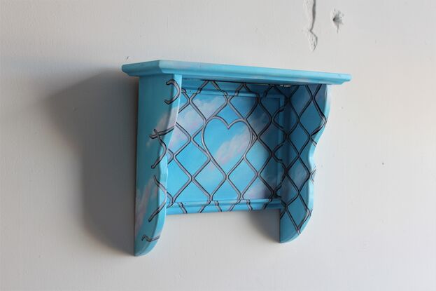 An old wooden shelf painted with a clear blue sky and security door mesh overlayed.