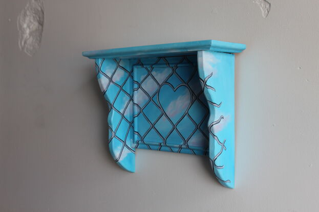 An old wooden shelf painted with a clear blue sky and security door mesh overlayed.