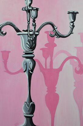 A painting made with mostly pink and grew tones depicting a cropped portion of a silver candelabra and its shadows behind it. 