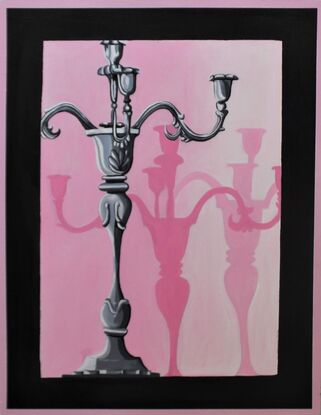 A painting made with mostly pink and grew tones depicting a cropped portion of a silver candelabra and its shadows behind it. 