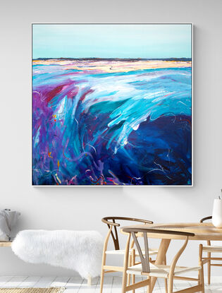 Colourful abstract seascape  with peaceful sandy cove, soft sky,  and crisp blue and teal ocean with texture and expressive mark making.
