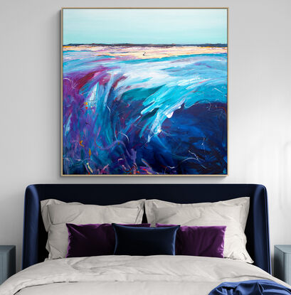 Colourful abstract seascape  with peaceful sandy cove, soft sky,  and crisp blue and teal ocean with texture and expressive mark making.
