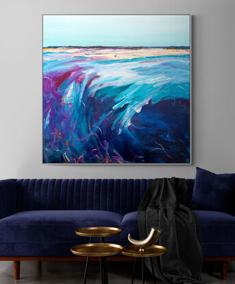 Colourful abstract seascape  with peaceful sandy cove, soft sky,  and crisp blue and teal ocean with texture and expressive mark making.
