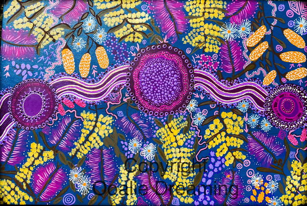 Aboriginal art, native flowers, wattle, banksia and bottle brushes. Blue, pink and yellow colours. 