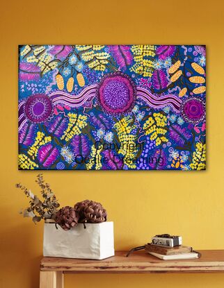 Aboriginal art, native flowers, wattle, banksia and bottle brushes. Blue, pink and yellow colours. 