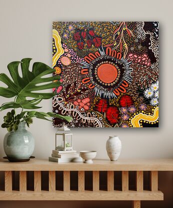 Aboriginal art dot painting with native flowers. Telling the story of Spring time on Gundungurra Country. 