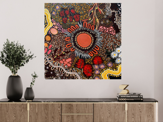 Aboriginal art dot painting with native flowers. Telling the story of Spring time on Gundungurra Country. 