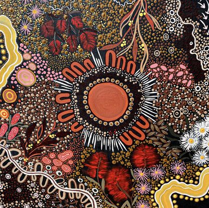 Aboriginal art dot painting with native flowers. Telling the story of Spring time on Gundungurra Country. 