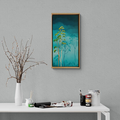 Oil painting, landscape, Australiana, ghost gum trees,  small, tall, teal, clouds, tree tops