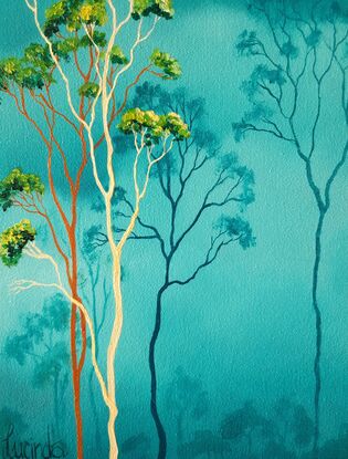 Oil painting, landscape, Australiana, ghost gum trees,  small, tall, teal, clouds, tree tops