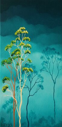 Oil painting, landscape, Australiana, ghost gum trees,  small, tall, teal, clouds, tree tops