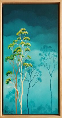 Oil painting, landscape, Australiana, ghost gum trees,  small, tall, teal, clouds, tree tops