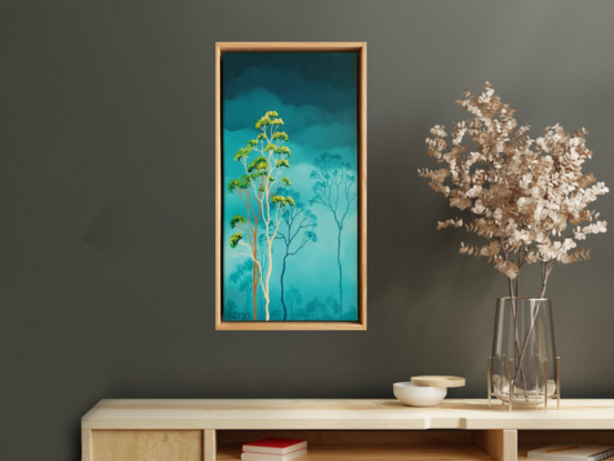 Oil painting, landscape, Australiana, ghost gum trees,  small, tall, teal, clouds, tree tops