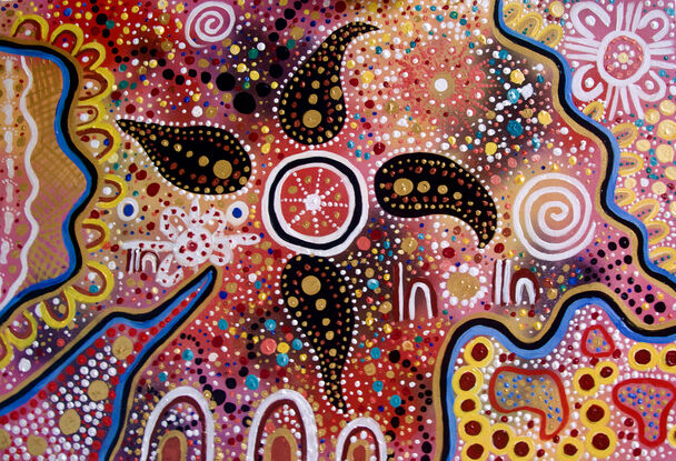 "MY COUNTRY MY PEOPLE,"  it is personal work for me. This painting describes the storyline of the Aboriginal country where my mob is from, as well as the story of my life in the arts. This suggests that the painting is a way for the me to connect with my heritage and culture.
The use of colour and movement in the painting is also evocative of Aboriginal Australian art.