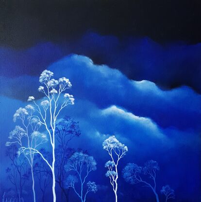 Oil painting, landscape, Australiana, ghost gum trees,  small, square, blue and white