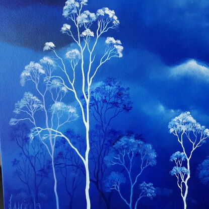 Oil painting, landscape, Australiana, ghost gum trees,  small, square, blue and white