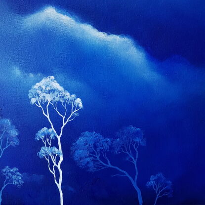 Oil painting, landscape, Australiana, ghost gum trees,  small, square, blue and white