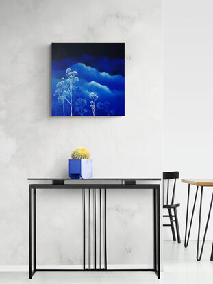 Oil painting, landscape, Australiana, ghost gum trees,  small, square, blue and white