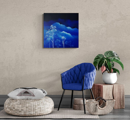 Oil painting, landscape, Australiana, ghost gum trees,  small, square, blue and white