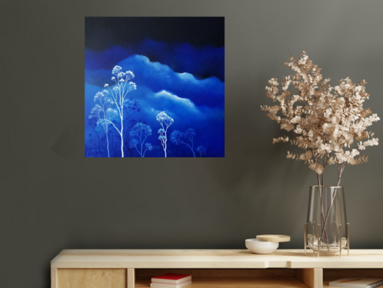 Oil painting, landscape, Australiana, ghost gum trees,  small, square, blue and white