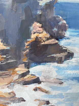 Gouache painting of Sydney coastline looking down at water crashing onto the rocks