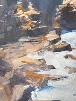 Gouache painting of Sydney coastline looking down at water crashing onto the rocks