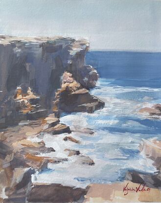 Gouache painting of Sydney coastline looking down at water crashing onto the rocks