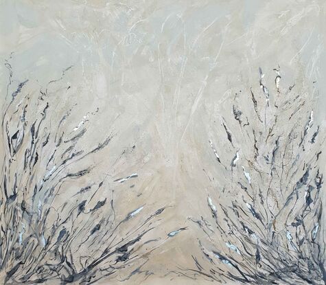 An abstract of wild grass and leaves in light grey, beige and white with silver leaf.  