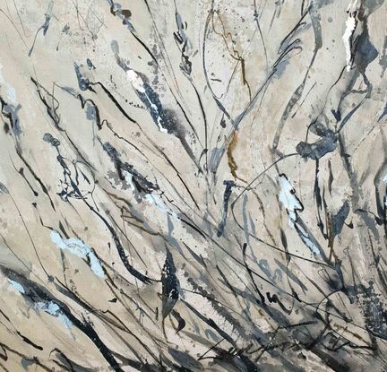 An abstract of wild grass and leaves in light grey, beige and white with silver leaf.  