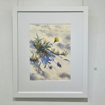 A watercolour painting of little yellow flowers blossoming along the shores of Brighton Beach.
