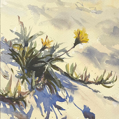 A watercolour painting of little yellow flowers blossoming along the shores of Brighton Beach.
