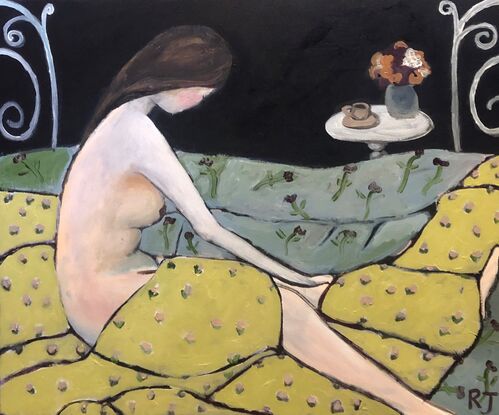 The painting depicts a nude woman in a bed. The bedsheets are tangled. There is a vase of flowers and a cup and saucer on a white bedside table. The background is dark blue/black.