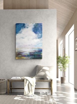 This original landscape is presented on a gallery wrapped canvas in an impressionist style. The cloud and sky dominate and pull your eye into the painting. There are 15+layers of acrylic paint, washes, with a metallic gold under painting that gives a piece luminescent quality. The side edges are painted black and it is wired ready to hang.Each of my original paintings has a clear UV protective finish coat.