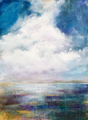 This original landscape is presented on a gallery wrapped canvas in an impressionist style. The cloud and sky dominate and pull your eye into the painting. There are 15+layers of acrylic paint, washes, with a metallic gold under painting that gives a piece luminescent quality. The side edges are painted black and it is wired ready to hang.Each of my original paintings has a clear UV protective finish coat.