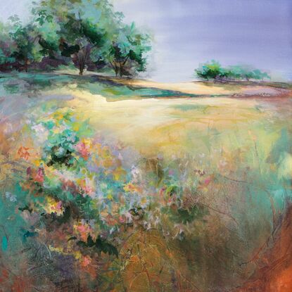 This painting is done in an impressionist style with the suggestion of flowers in the meadow. Karen has captured the beauty of the natural world in vivid color from delicate wildflowers in the foreground to the majestic trees in the background.. The painting evokes a sense of peace and tranquility. There are many layers of acrylic paint and washes that give the piece nuance, depth and interest. 